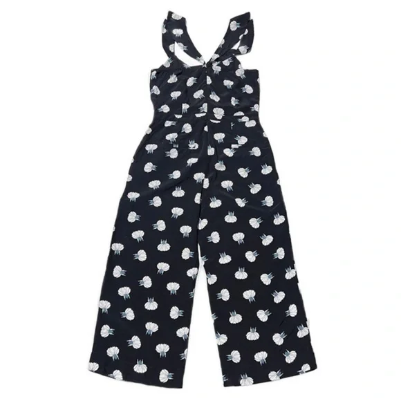 LOFT Lotus Floral Blue Jumpsuit Ruffle Sleeves Wide Leg Pockets Blogger Fav 4 - Picture 7 of 13